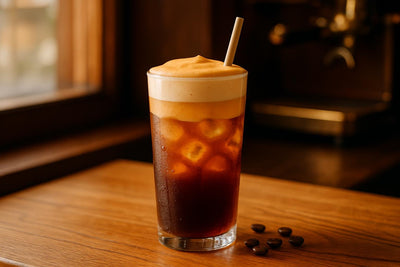 Pumpkin Cream Cold Brew in a glass on an oak café counter