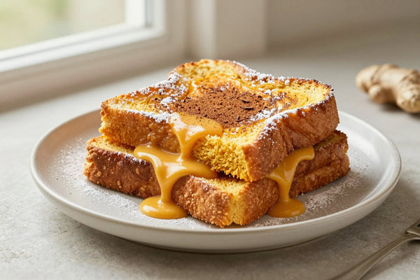 A stack of thick golden slices of pumpkin french toast on a plate, dusted with powdered sugar