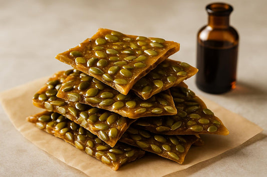 Shards of pumpkin seed brittle on parchment