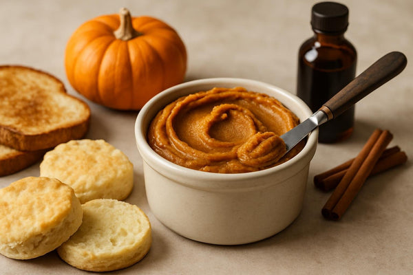 Pumpkin Spice Butter in a crock with warm biscuits