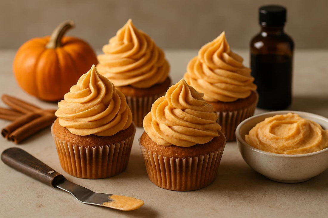 Cupcakes piped with pumpkin spice buttercream frosting