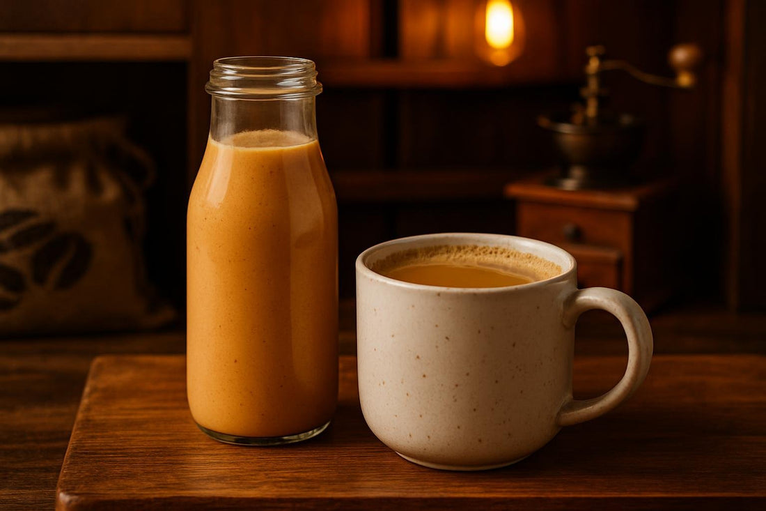 Pumpkin Spice Creamer in a ceramic mug on an oak bar