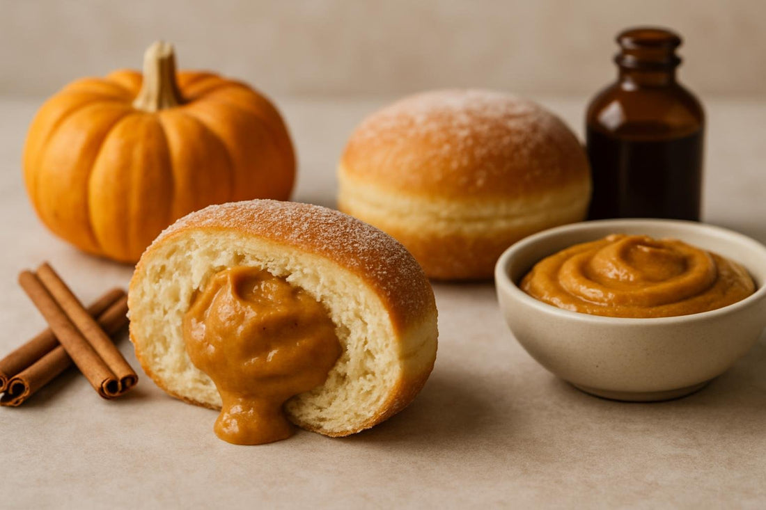 Filled doughnut cut open to show pumpkin spice custard