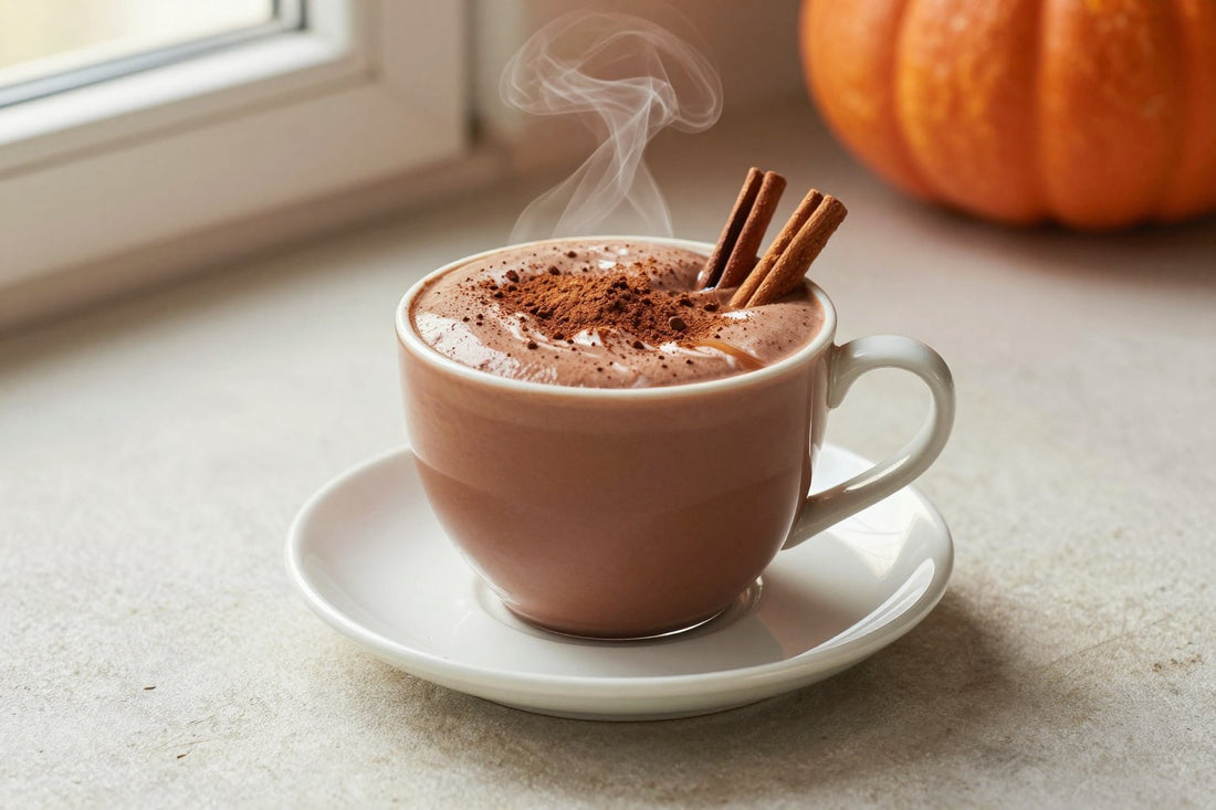 A steaming mug of pumpkin spice hot chocolate on a saucer, rich and glossy, with its toppings