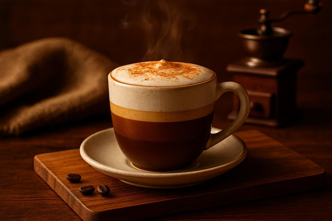 Pumpkin Spice Latte in a ceramic mug on an oak serving board