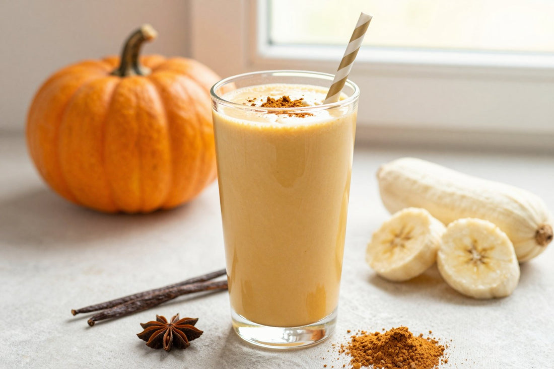 A tall glass of thick, creamy pumpkin spice protein shake with a straw, a few of its fresh ingredients beside it