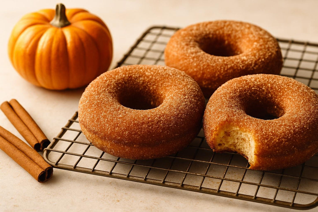 Doughnuts finished with pumpkin spice sugar on a cooling rack