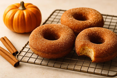 Doughnuts finished with pumpkin spice sugar on a cooling rack