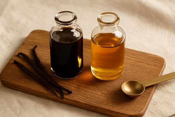 Two small glass bottles side by side on a wooden cutting board, one dark amber pure vanilla extract and one lighter imitation