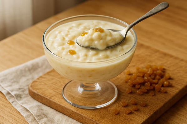 Raisin Rice Pudding served on an oak table
