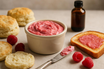 Raspberry Butter in a crock with warm biscuits
