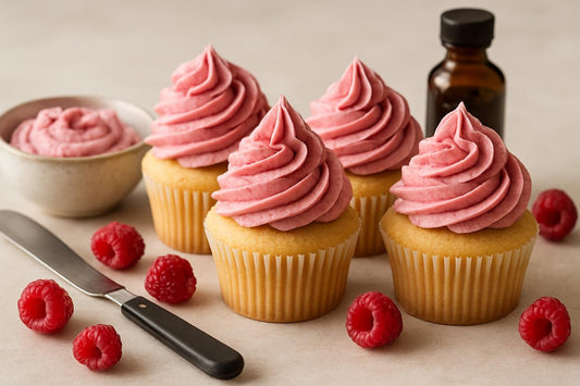 Cupcakes piped with raspberry buttercream frosting