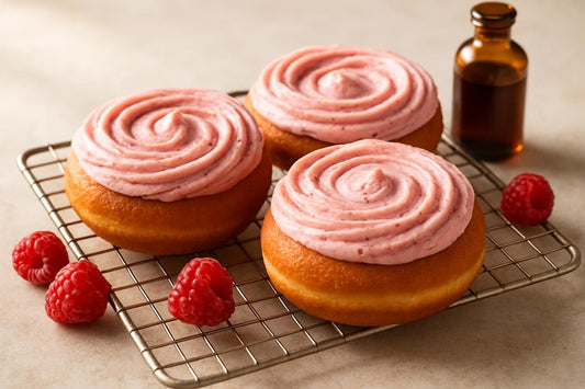 Doughnuts finished with raspberry buttercream on a cooling rack