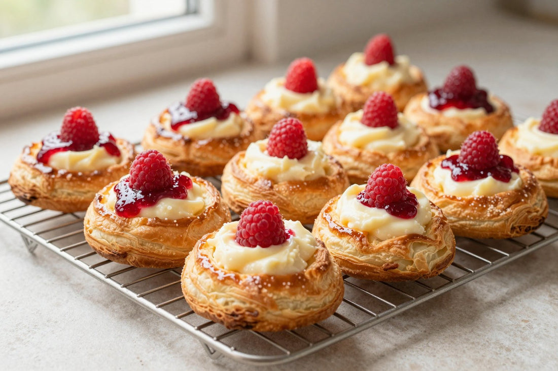 Raspberry cheese danish on a wire rack, the glossy filling visible in the center of each pastry