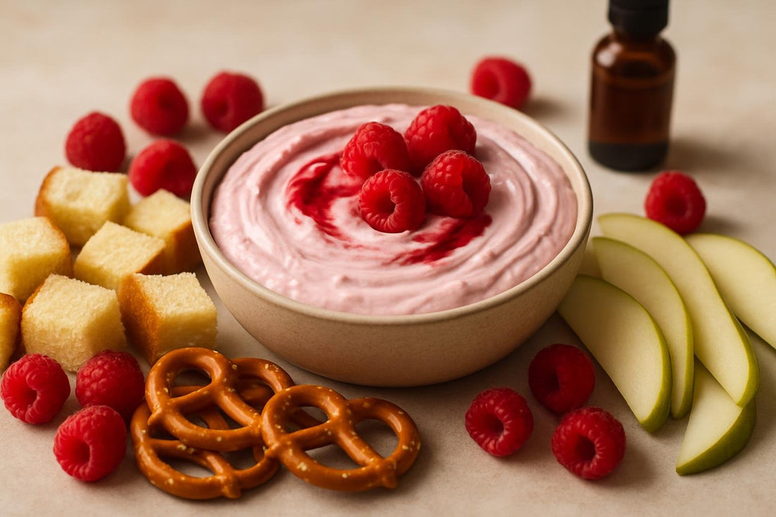 Bowl of raspberry cheesecake dip with brioche, pretzels and fruit