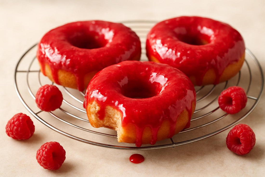 Doughnuts finished with raspberry coulis on a cooling rack