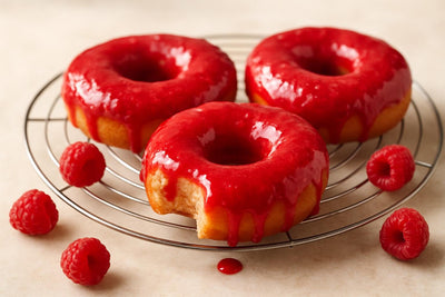 Doughnuts finished with raspberry coulis on a cooling rack