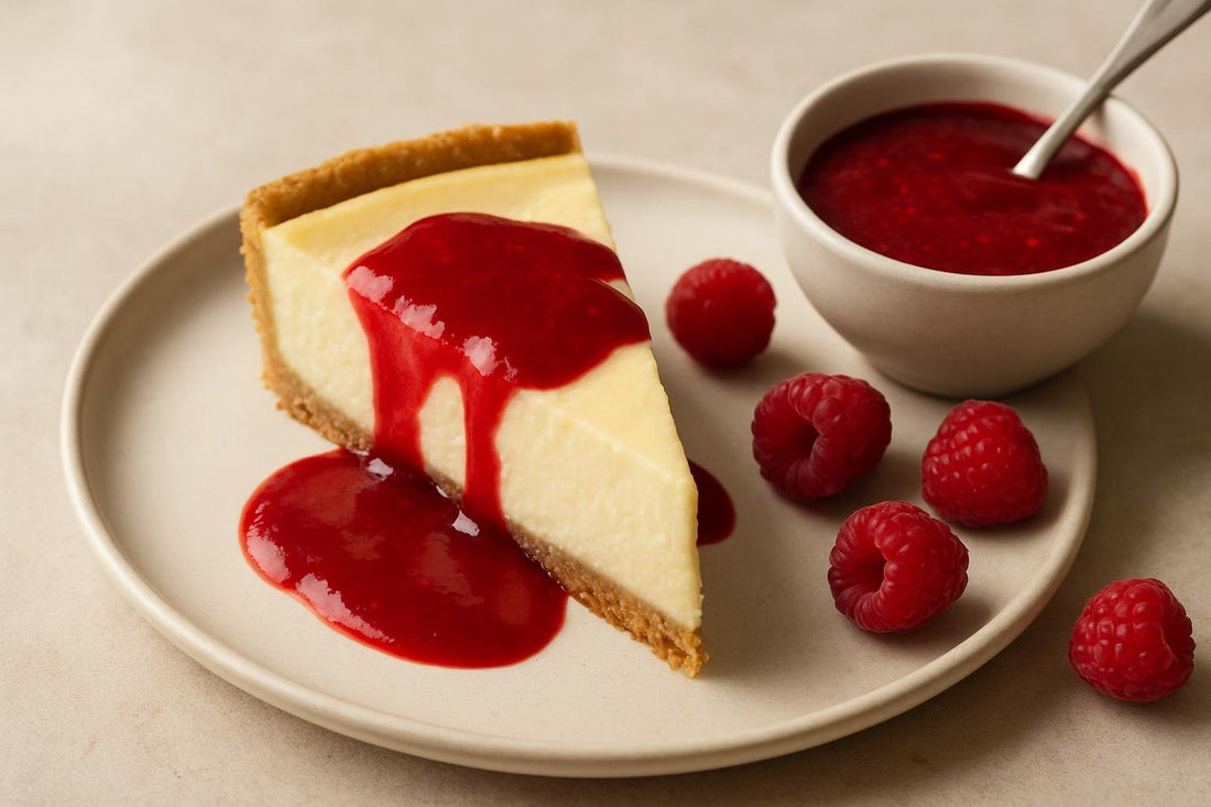Slice of pie with raspberry coulis