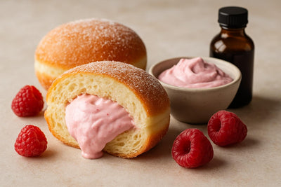 Filled doughnut cut open to show raspberry cream cheese filling