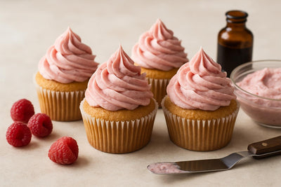Cupcakes piped with raspberry cream cheese frosting