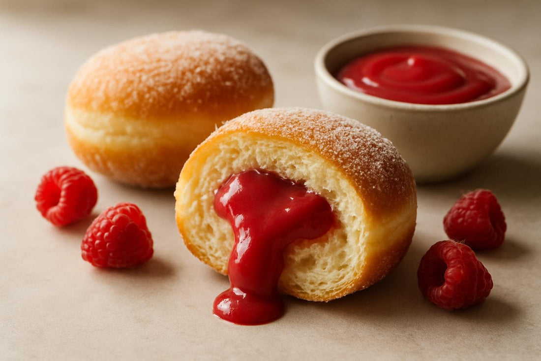 Filled doughnut cut open to show raspberry curd