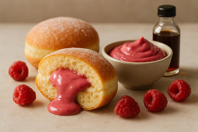 Filled doughnut cut open to show raspberry custard