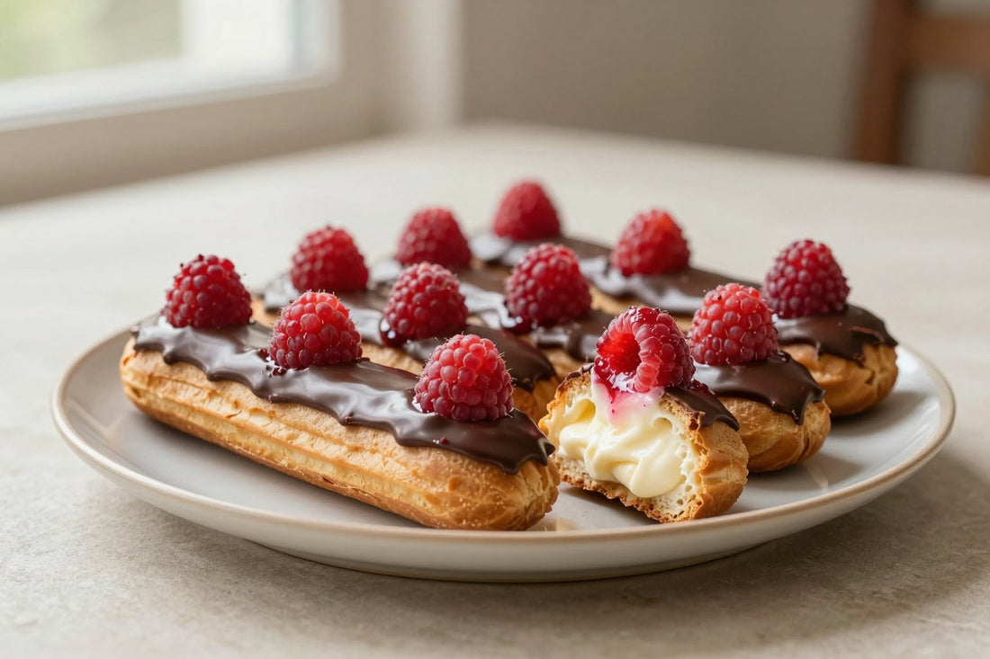 A row of raspberry éclairs on a plate, glossy topping, one cut to show the creamy filling