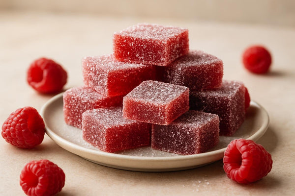 Squares of raspberry fruit jellies rolled in sugar