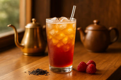 Raspberry Iced Tea in a glass on an oak café counter