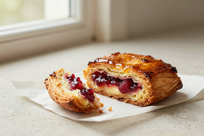 Caramelized, crackly raspberry kouign-amann on parchment, one torn open to show the buttery layers
