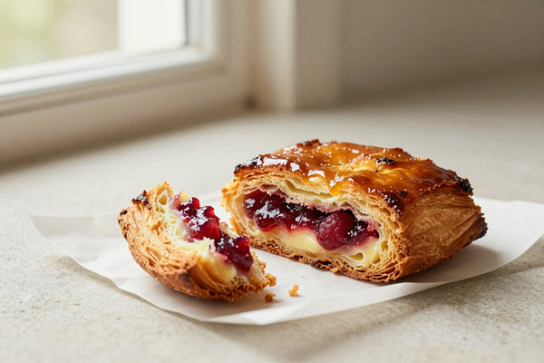 Caramelized, crackly raspberry kouign-amann on parchment, one torn open to show the buttery layers
