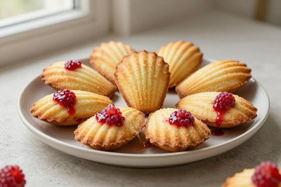 Shell-shaped raspberry madeleines on a plate, showing their golden humps and ridged sides