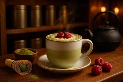 Raspberry Matcha Latte in a ceramic mug on an oak bar