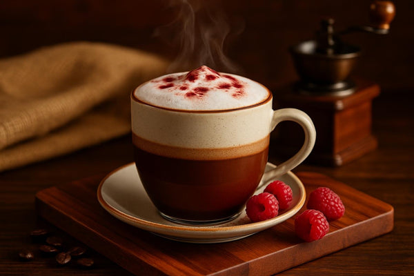 Raspberry Mocha in a ceramic mug on an oak serving board