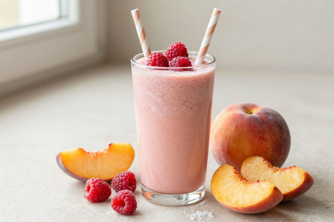 Raspberry Peach Spring Smoothie in a glass