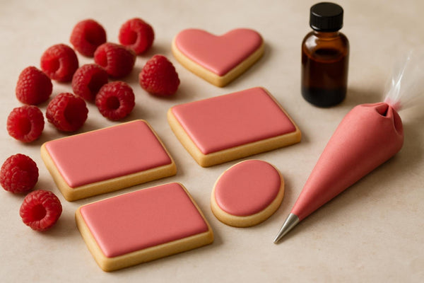 Sugar cookies decorated with raspberry royal icing