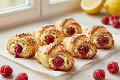 Crescent-shaped raspberry rugelach on parchment, the filling spiraled inside
