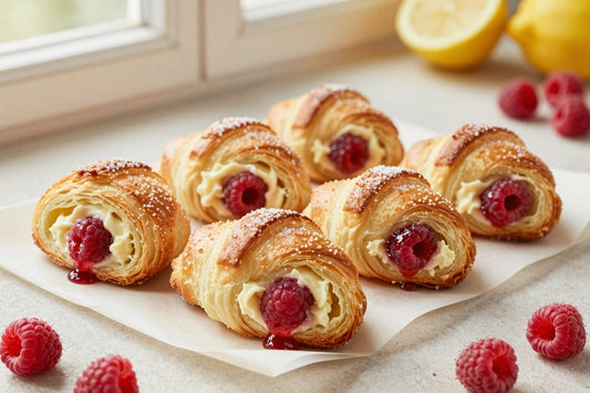 Crescent-shaped raspberry rugelach on parchment, the filling spiraled inside