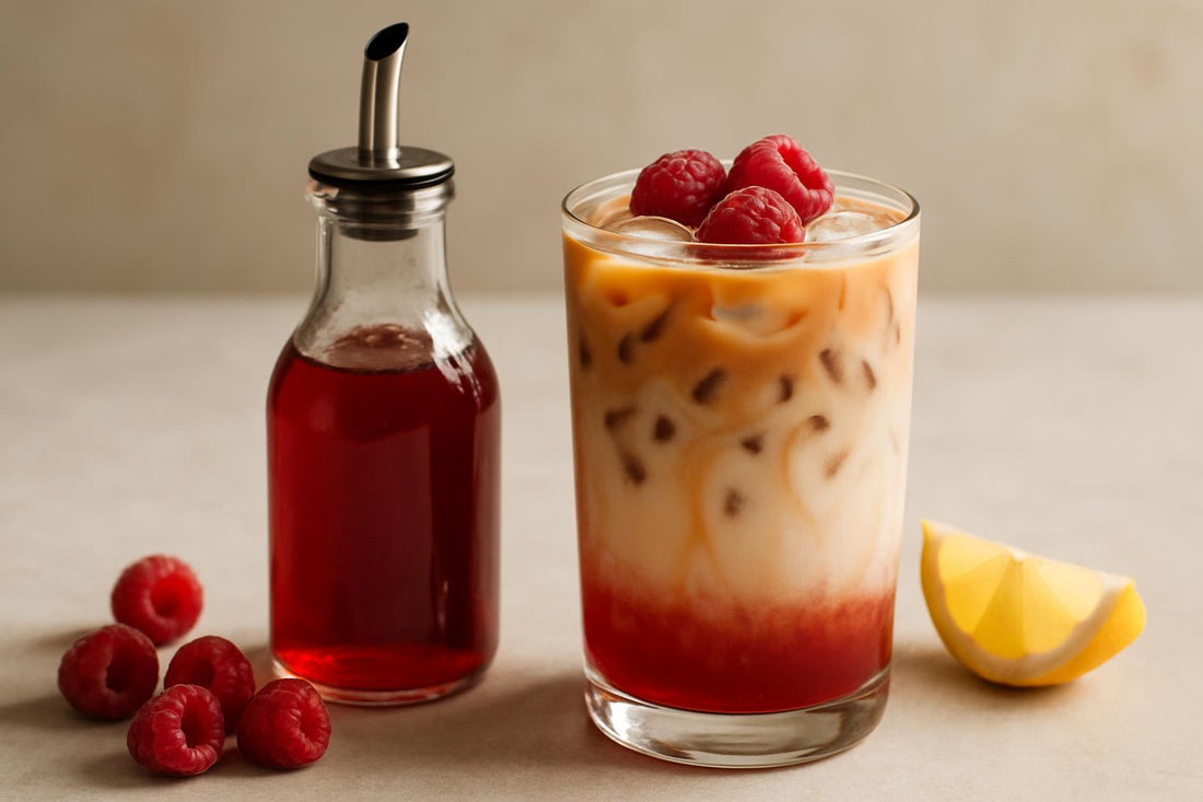 A small glass bottle of raspberry syrup with a pour spout, beside an iced latte sweetened with it