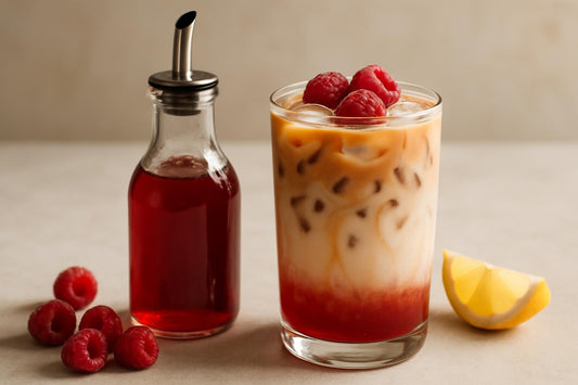 A small glass bottle of raspberry syrup with a pour spout, beside an iced latte sweetened with it