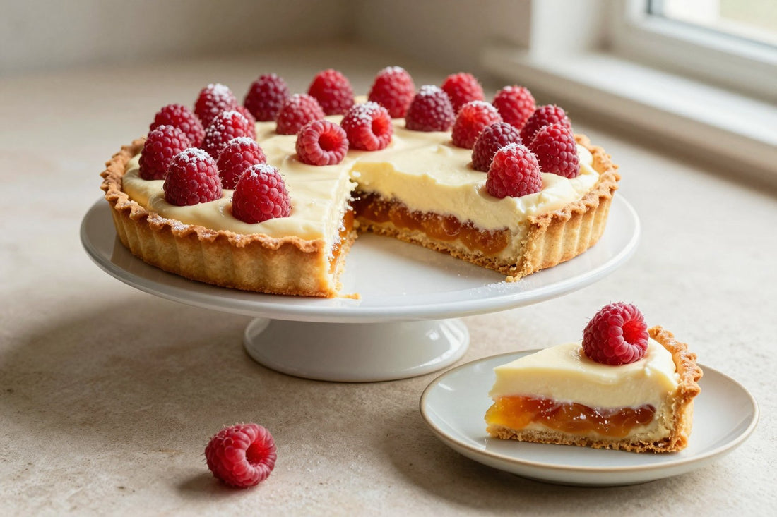 A raspberry tart on a cake stand with one slice cut out and served on a small plate