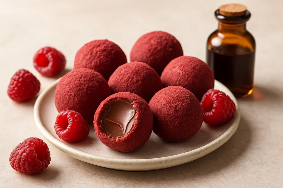Raspberry Truffles on a plate, one bitten