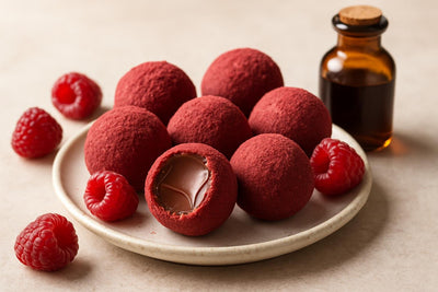 Raspberry Truffles on a plate, one bitten