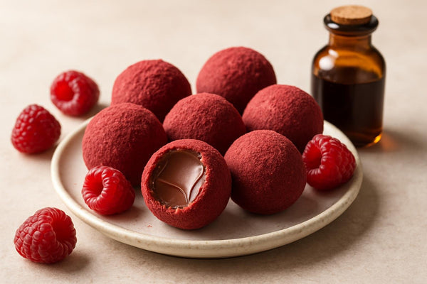 Raspberry Truffles on a plate, one bitten