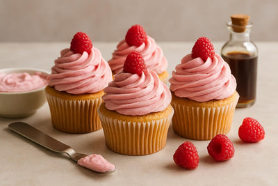 Cupcakes piped with raspberry whipped cream frosting