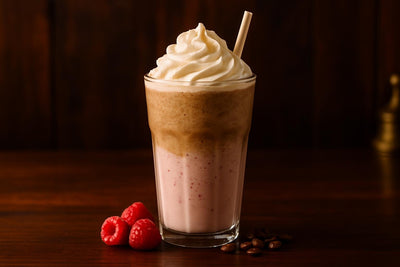 Raspberry White Chocolate Frappé in a glass on an oak bar