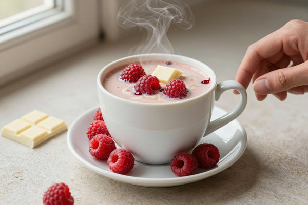 A steaming mug of raspberry white hot chocolate on a saucer, rich and glossy, with its toppings