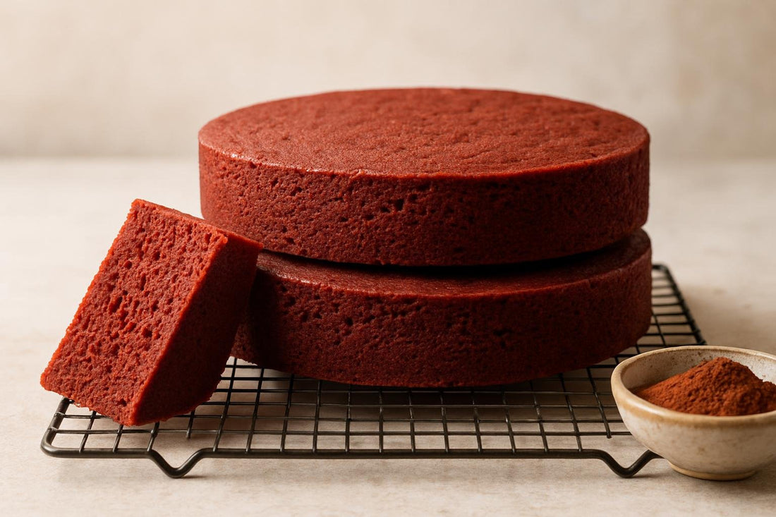 Two bare, level rounds of red velvet cake layers stacked on a cooling rack with one slice cut to show the crumb
