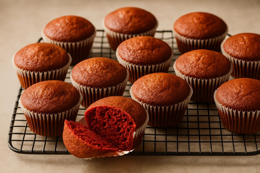 A dozen unfrosted red velvet cupcakes in paper liners on a cooling rack, golden domes, one split to show the crumb