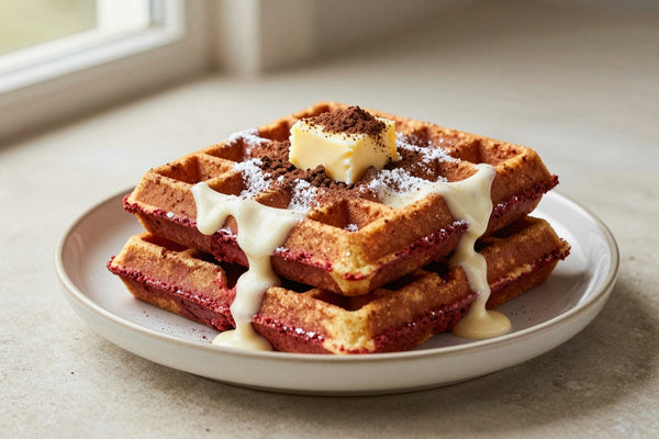 A stack of golden red velvet waffles on a plate with a pat of butter and the toppings from the recipe